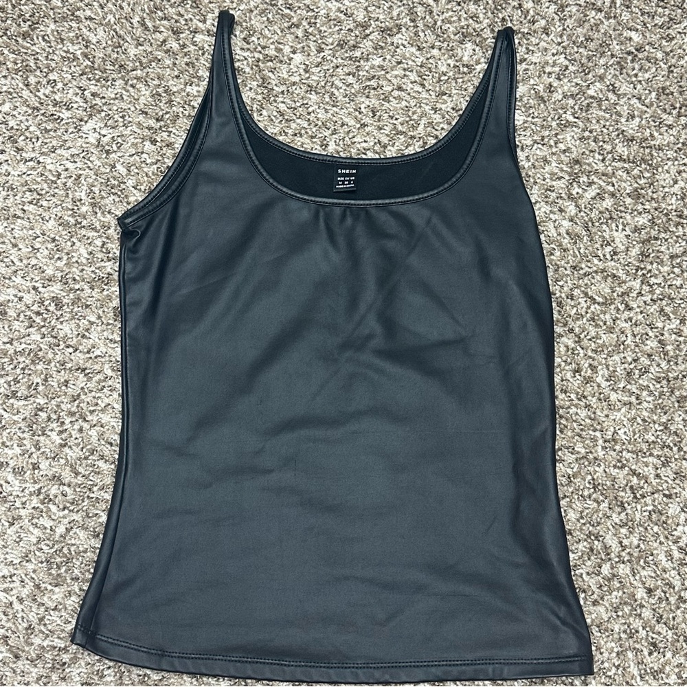Faux Leather Black Women's Tank Top, medium